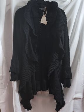 Artizan By Robin Barre Black Ruffled Open-Front Women's Cardigan